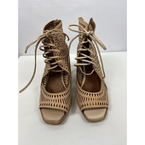 Jeffrey Campbell Rayos Wedge Sandals Peach Laser Cut Lace Up - Picture 2 of 8